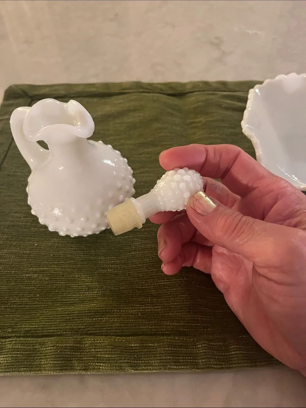 Vintage vanity accessories . Hobnail  bottle and  a trinket Dish w/ ruffled edge